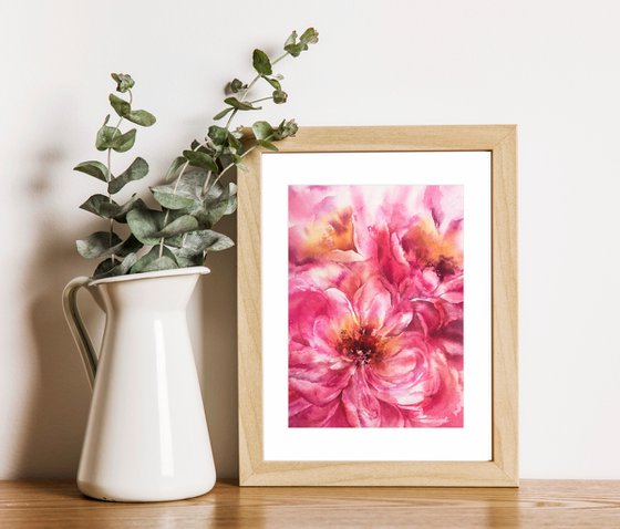 Pink peony bouquet, small watercolor painting