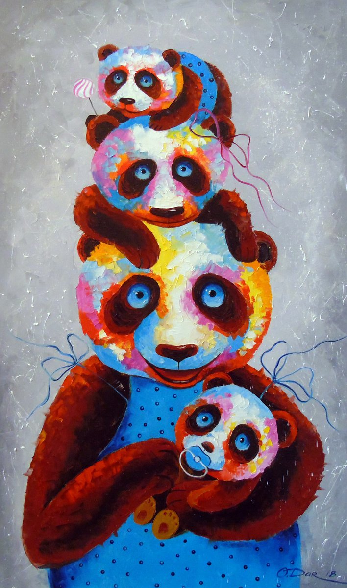 Impressionistic Animal Oil Painting By Olha Darchuk, 24 X 39", Family Of Pandas, Original Artwork