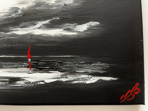 Red Sails on a Black and White canvas