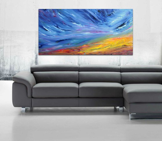 The dragonfly flew slowly - 120x60 cm, Original abstract painting, oil on canvas