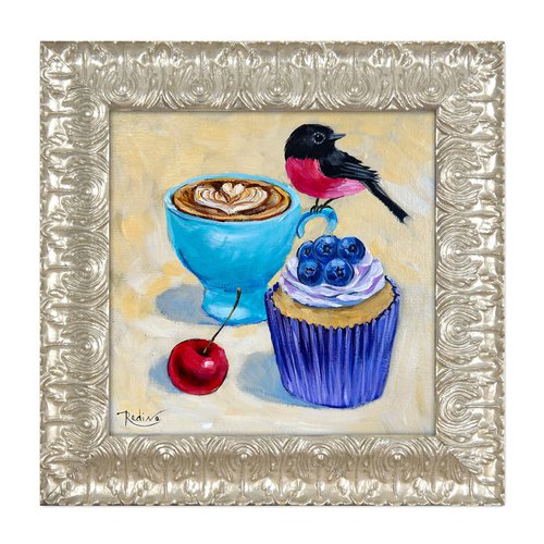 Pink Robin, cappuccino and blueberry cupcake by Irina Redine