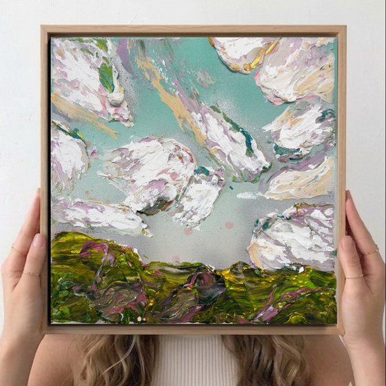 Impressionistic impasto clouds blue green