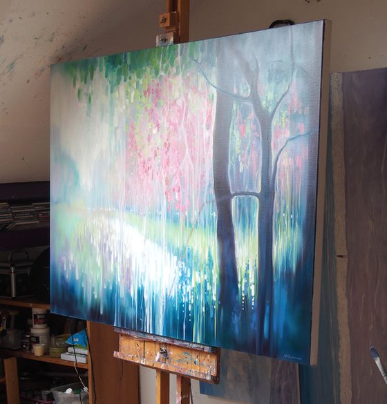 Song of April - a large abstract landscape painting of a Sussex river valley