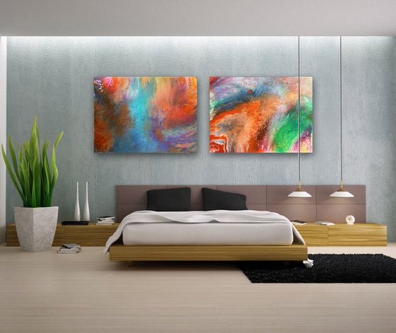 "Origin Of Time" - FREE WORLDWIDE SHIPPING + $600 OFF the Original Price - Original Diptych, Abstract PMS Fluid Acrylic Paintings Series - 96" x 36"