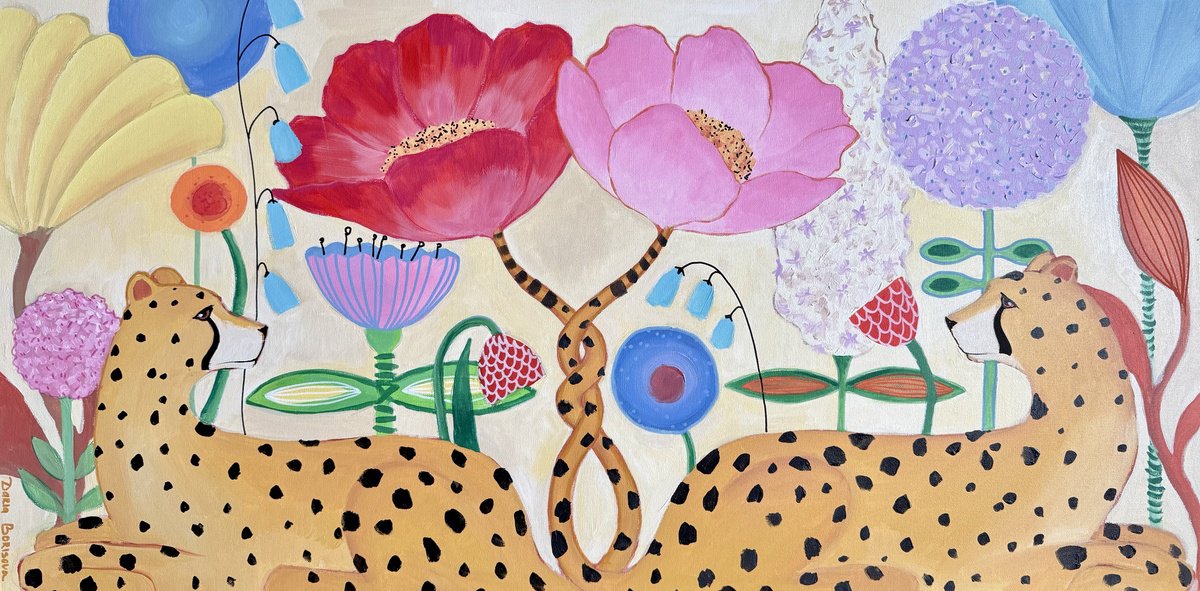 Surrealistic Botanical Acrylic Painting By Daria Borisova, 48 X 24, Garden Of Joy, Original Artwork