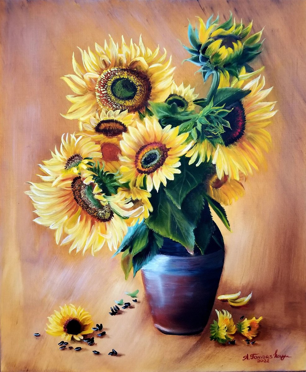 Sunflowers in a Pot. Oil Painting on Canvas. Christmas Gift. New Year Gift. Floral Paintin... by Alexandra Tomorskaya/Caramel Art Gallery