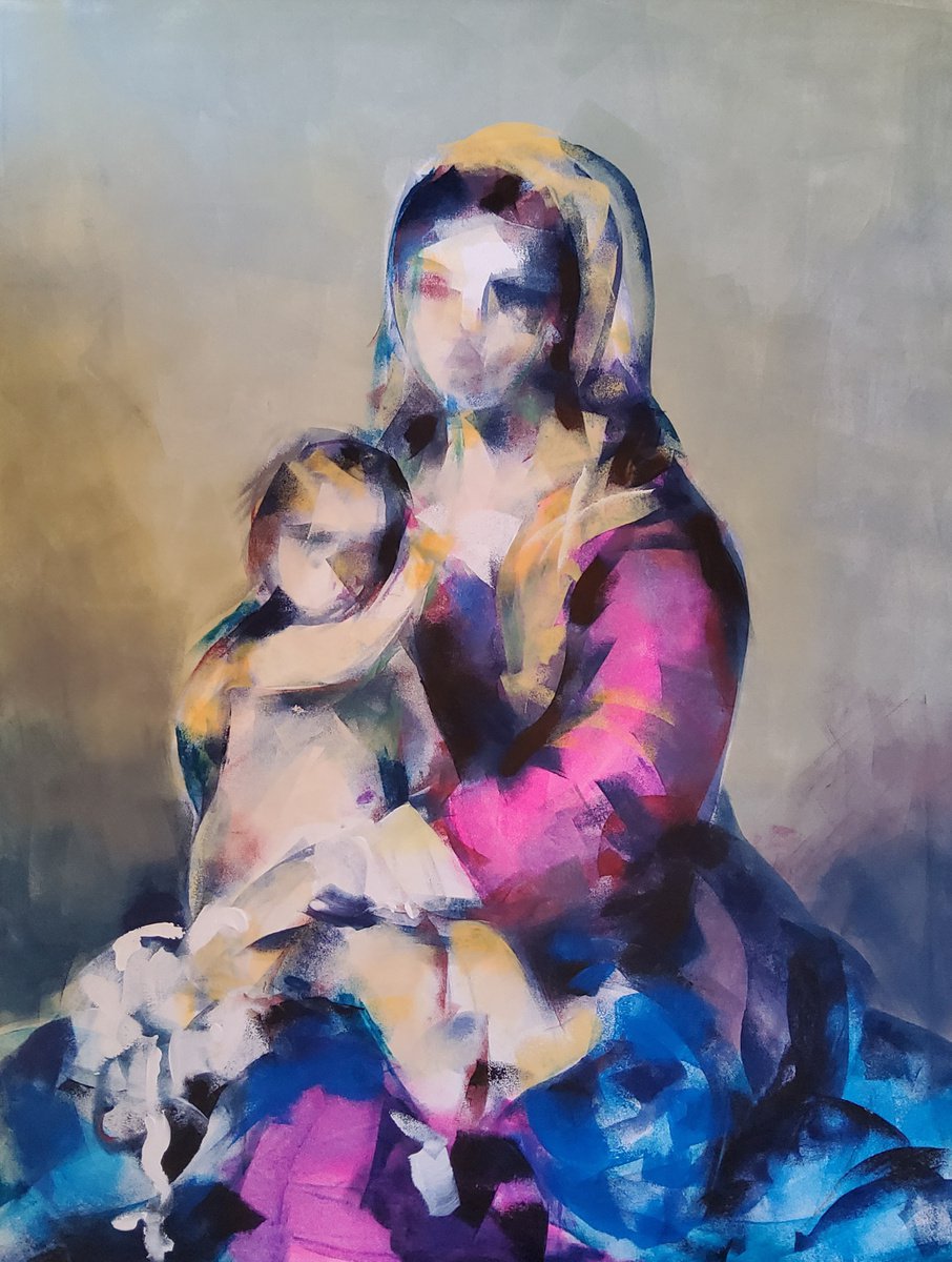 Expressive Portrait Acrylic Painting By Marina Del Pozo, 35 X 46", Madonna And Child 6, Original Artwork