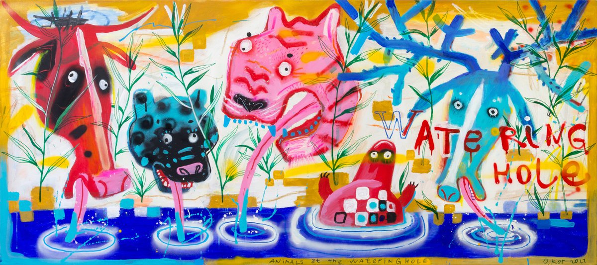 Animals at the watering hole 80 x 180 cm / 31,49 x 70,86 inch by Oleksandr Korol