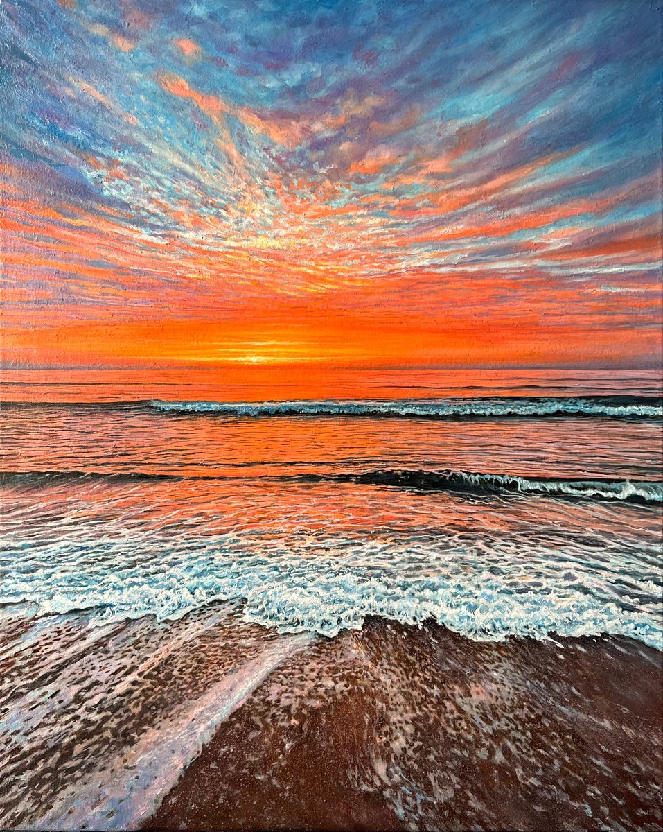 Photorealistic Landscape Oil Painting By Daria Dudochnykova, 16 X 20, The Scarlet Embrace Of Dusk, Original Artwork