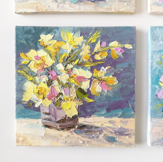 Flowers in vase. Daffodils still life. Small floral oil painting