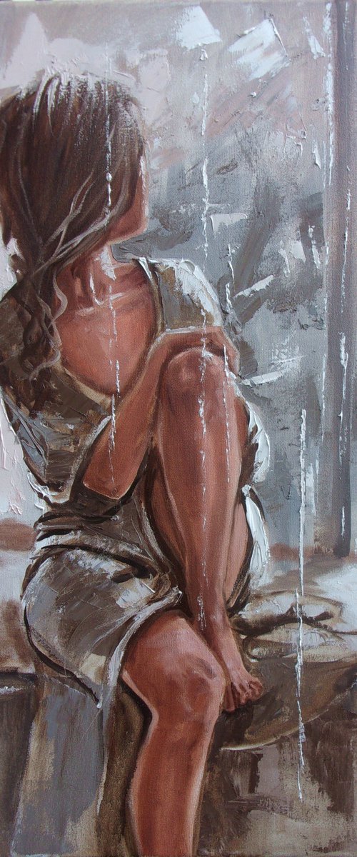 " LOOKING AT THE PAST "   street winter window original painting CITY palette knife GIFT by Monika Luniak