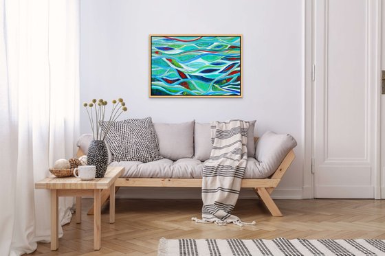 SEA GLASS. Teal, Blue, Aqua Contemporary Abstract Seascape, Ocean Waves Painting. Modern Textured Art