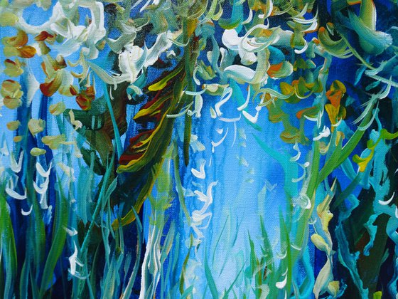 Floral Landscape Painting Abstract Flowers Forest Pond Water Reflection. Large Blue Contemporary Painting Modern Impressionistic Art