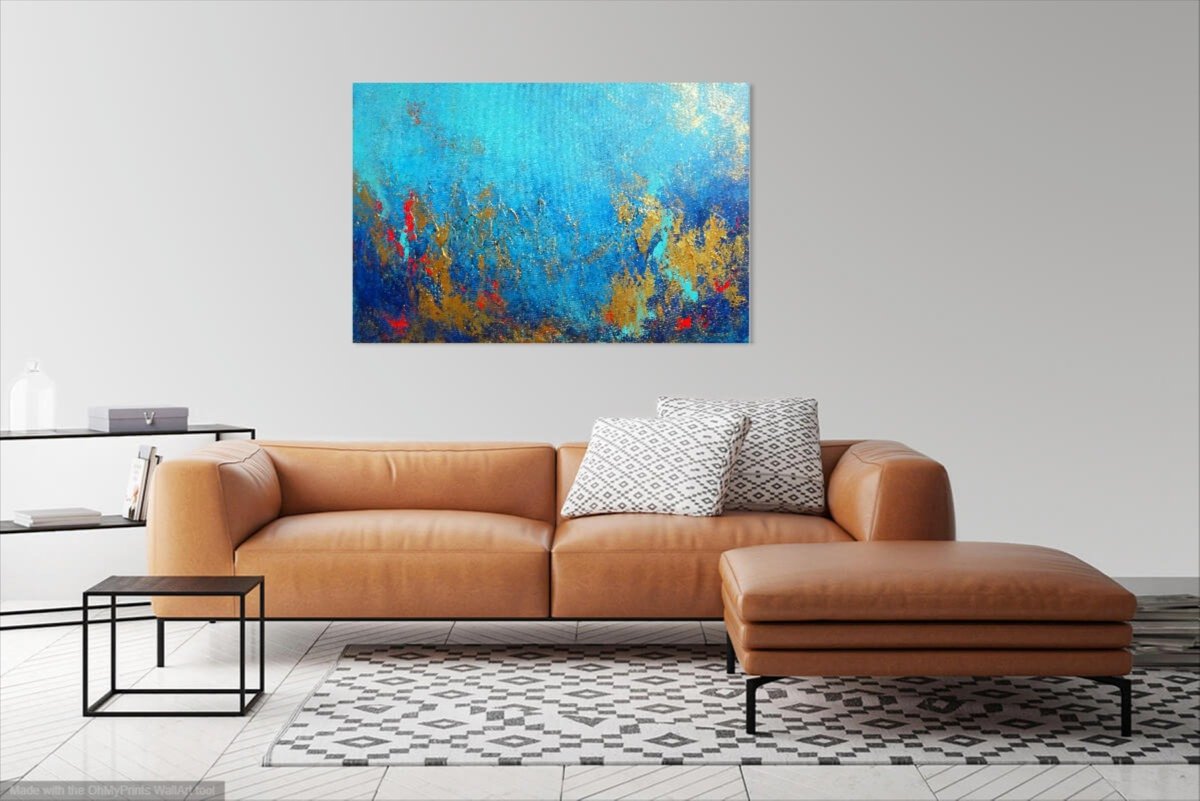 Large Abstract Landscape Original Painting on Canvas. Blue & Gold Abstraction. Modern Text... by Sveta Osborne