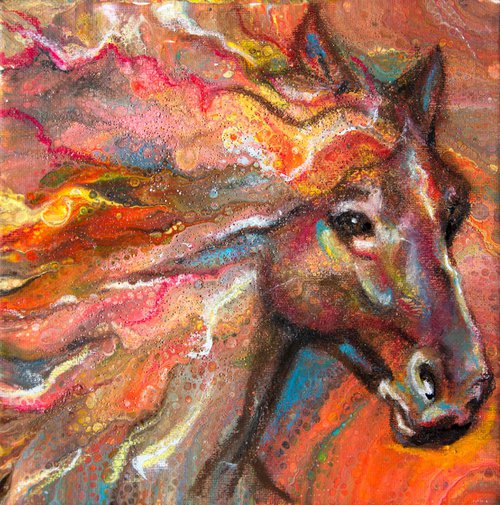 "Fire Horse " Original diptych mixed media miniature painting on canvas 40x20x,1,7cm.ready to hang.Buy 2 miniatures you get 3! by Elena Kraft