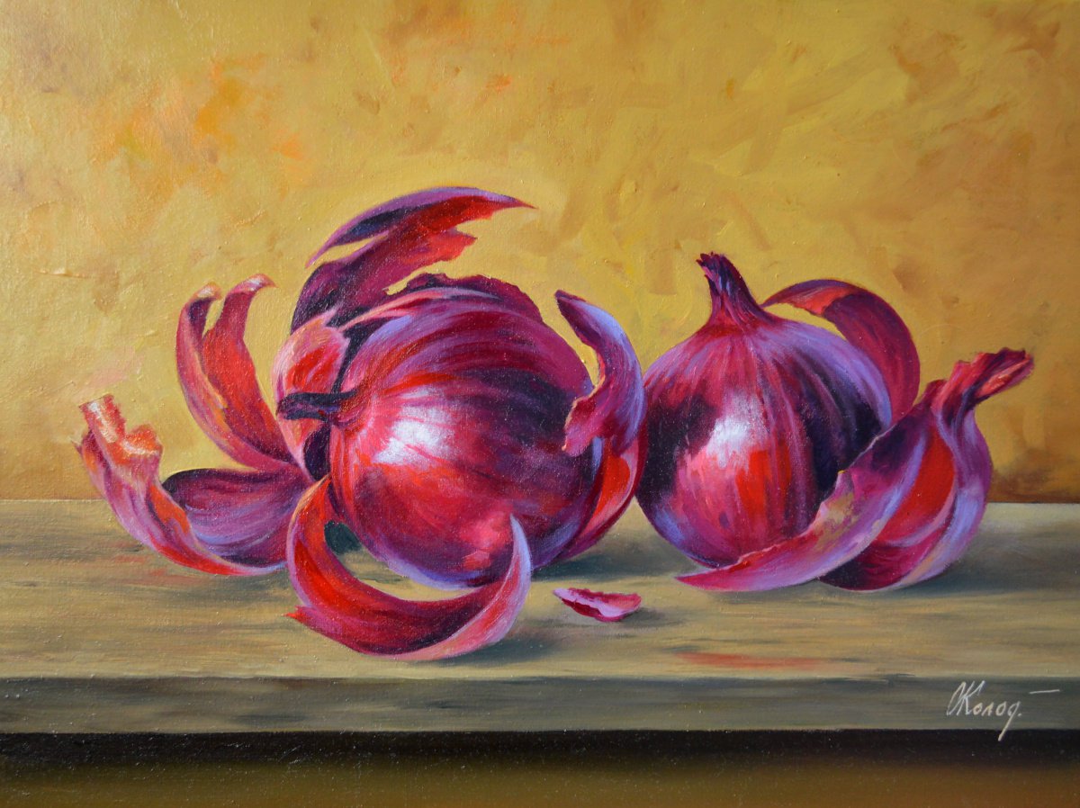 Still Life with Red Onion/40x30cm/Original oil on canvas/Free Shipping by Kolodyazhniy Sergey