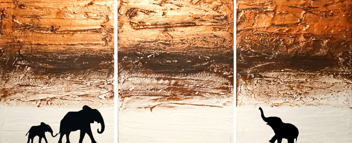 Impressionistic Animal Painting By Stuart Wright, 48 X 20", Elephants On Copper, Original Artwork