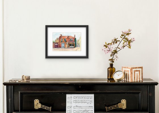 Cozy brick house in a provincial town. Original watercolor artwork.