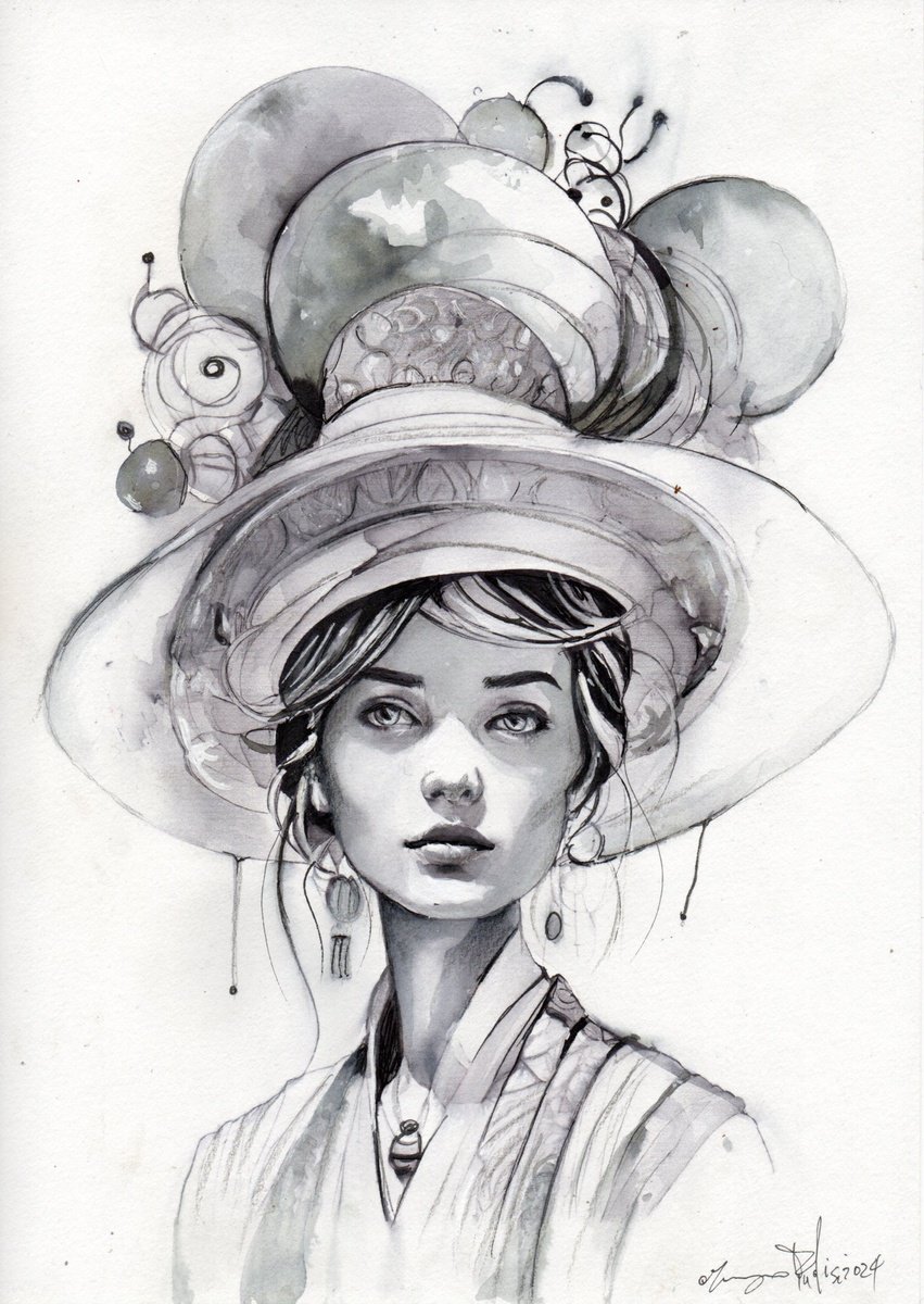 Impressionistic Portrait Ink Drawing By Maurizio Puglisi, 8 X 11", The Lady Of The Moons, Original Artwork