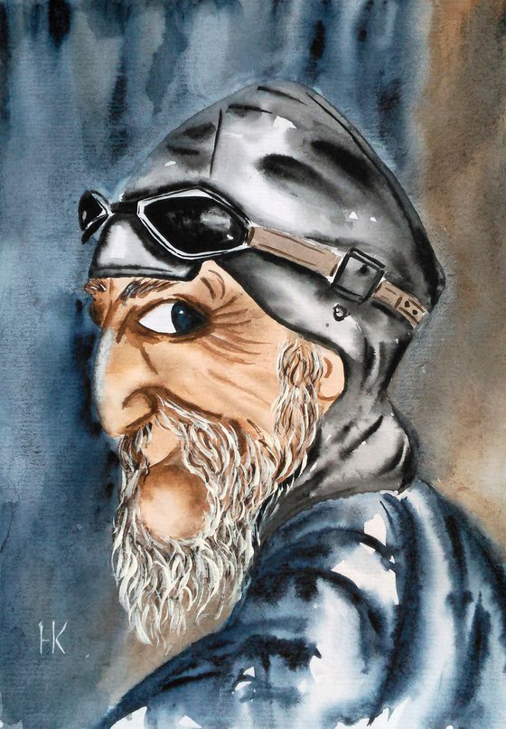 Pilot Painting Aviator Original Art Old Man Watercolor Portrait Artwork Small Home Wall Art 8 by 12" by Halyna Kirichenko