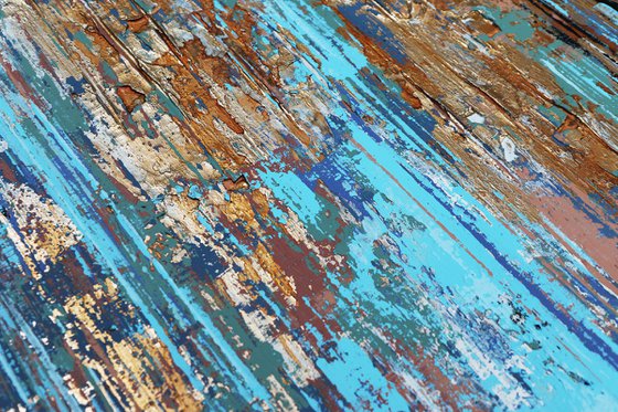 BLUE STREAM - 120 x 80 CM - TEXTURED ACRYLIC PAINTING ON CANVAS * BLUE * GOLD