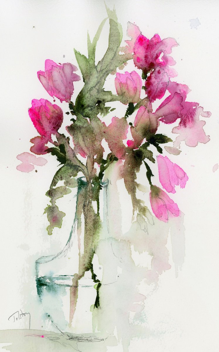 Impressionistic Botanical Watercolour By Alex Tolstoy, 8 X 12, Tulips In Pink, Original Artwork