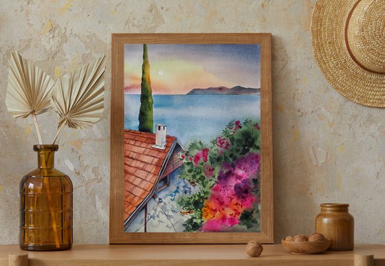 Mediterranean vibe - original watercolor cityscape seaview