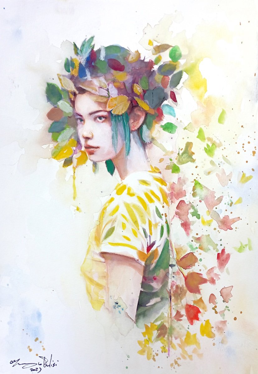 Impressionistic Portrait Ink Drawing By Maurizio Puglisi, 8 X 11", Autumn Rhapsody, Original Artwork