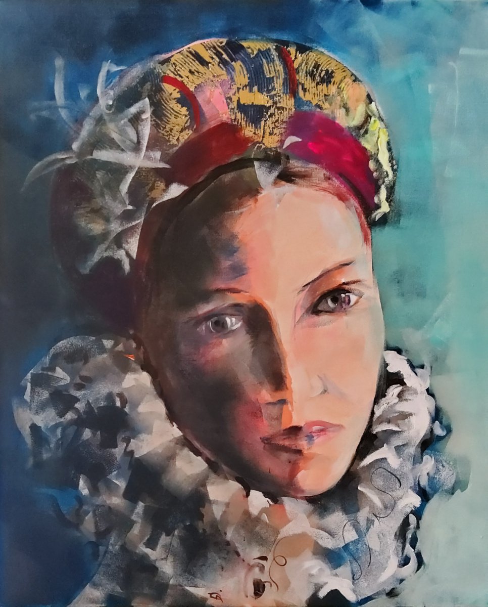 Expressive Portrait Acrylic Painting By Marina Del Pozo, 24 X 29", Blue Eyes, Original Artwork