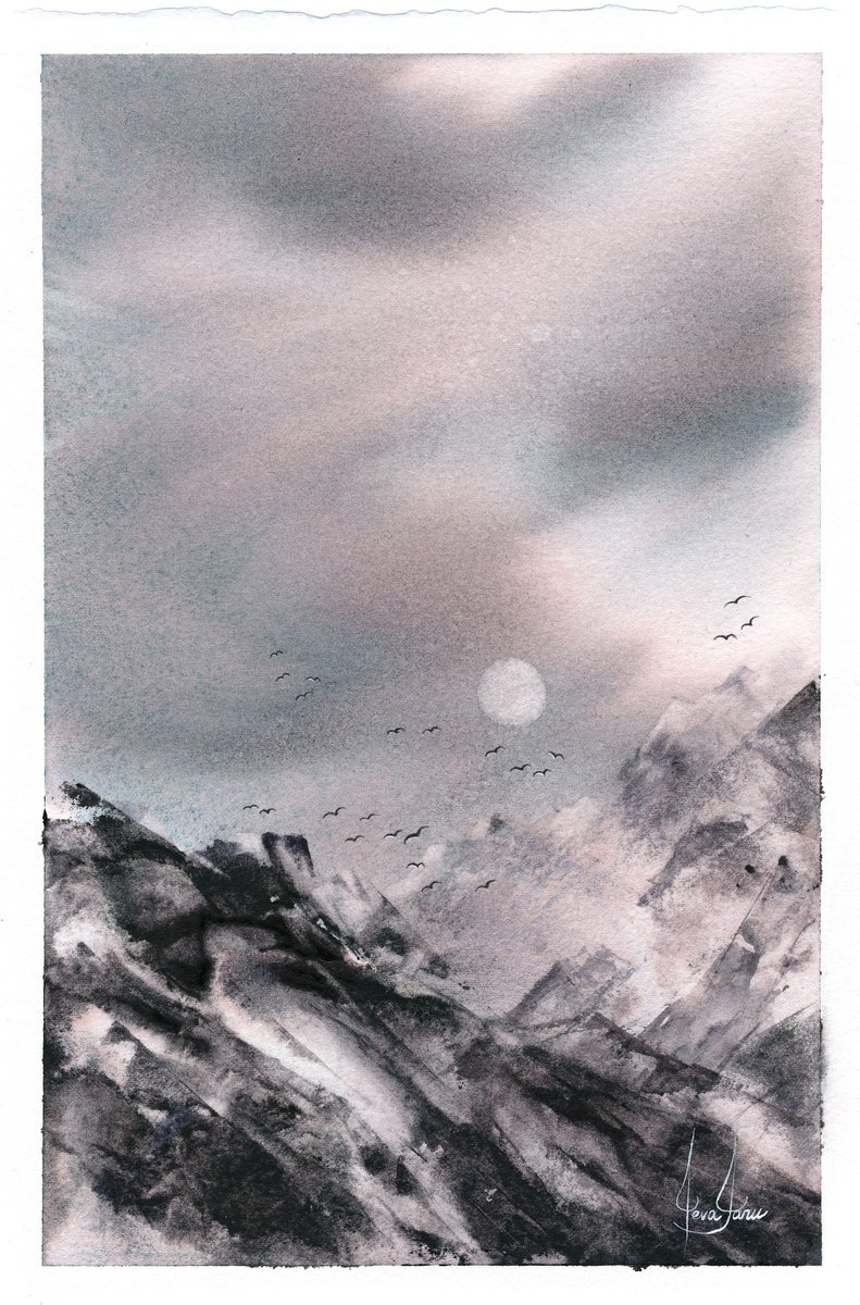 Impressionistic Landscape Watercolour By Ieva Janu, 7 X 11, Mountains Vi, Original Artwork
