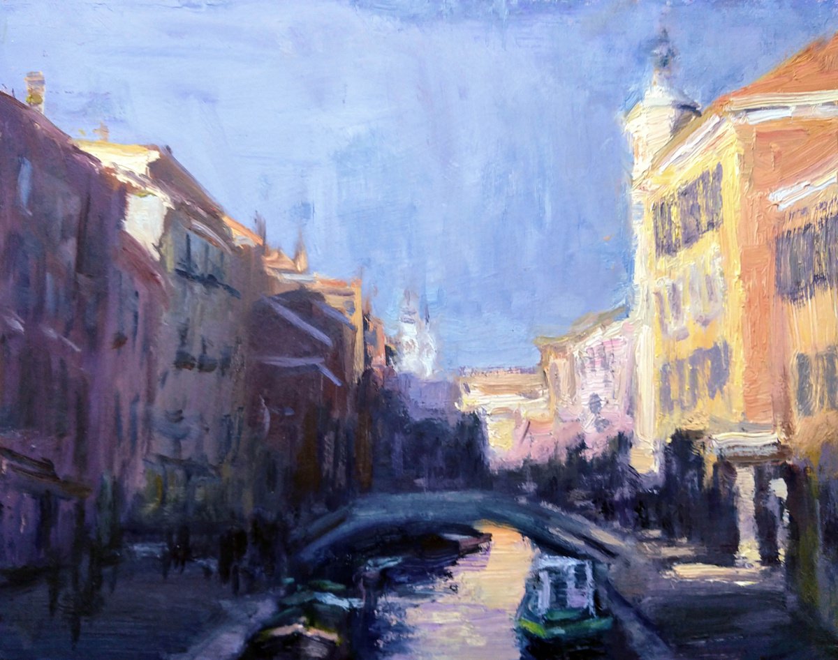 Impressionistic Cityscapes Oil Painting By Kristina Sellers, 14 X 11", Venice Morning, Original Artwork