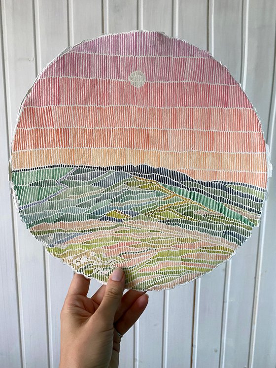 Original style watercolor abstract landscape with pink sky round artwork