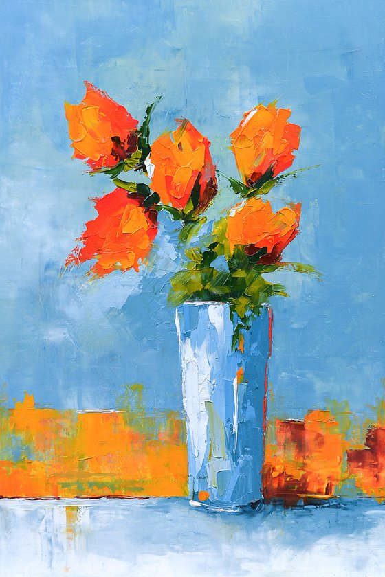 Modern still life painting. Flowers in vase