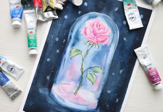 Magic rose under a glass flask. Original watercolor artwork.