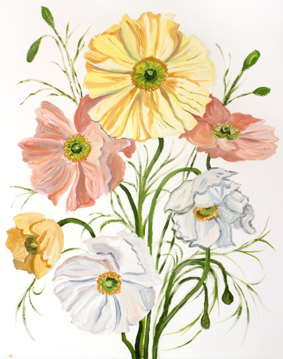 Expressive Botanical Oil Painting By Elizabeth Becker, 16 X 20, Poppies No. 7, Original Artwork