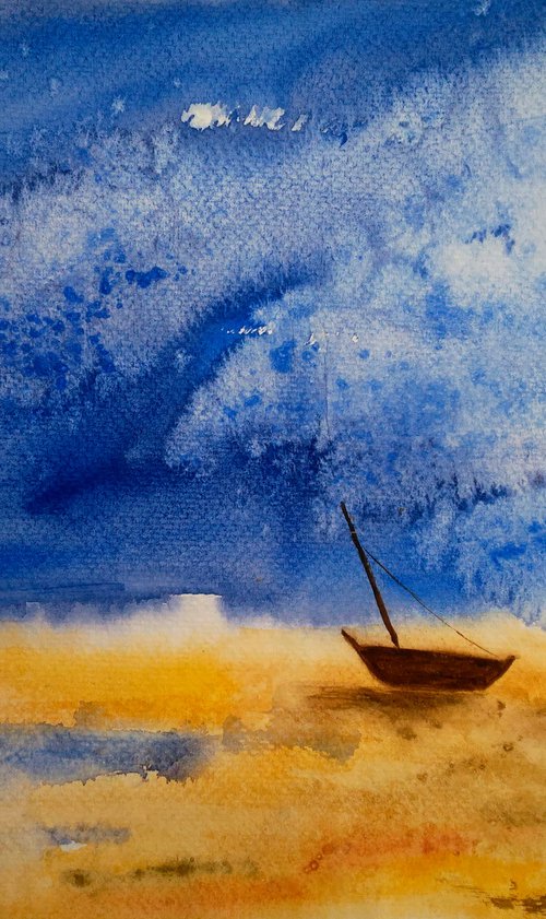 Ocean Painting Nautical Original Art Sailboat Watercolor Seascape Home Wall Art 14 by 10" by Halyna Kirichenko by Halyna Kirichenko