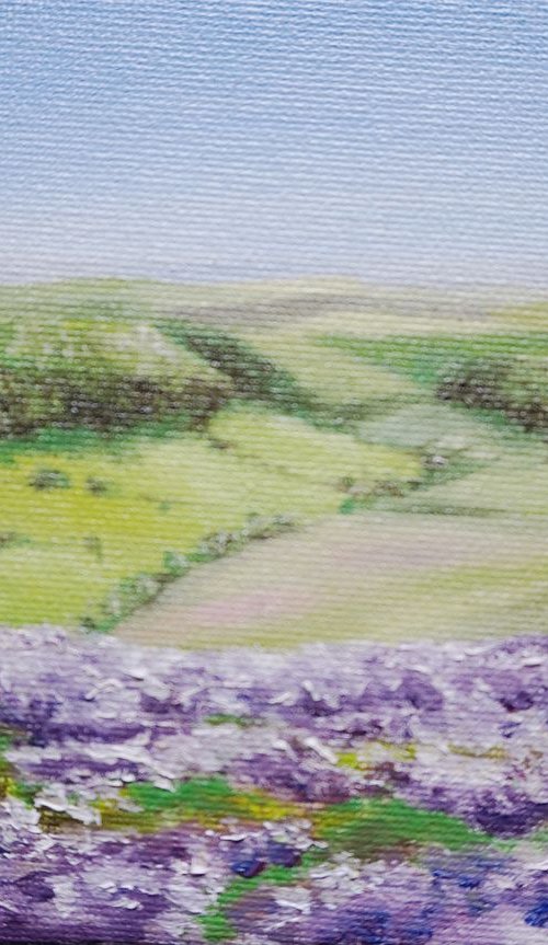 Miniature Hole of Horcum with Heather #5 Oil on Board 5x7 framed by Jayne Farrer