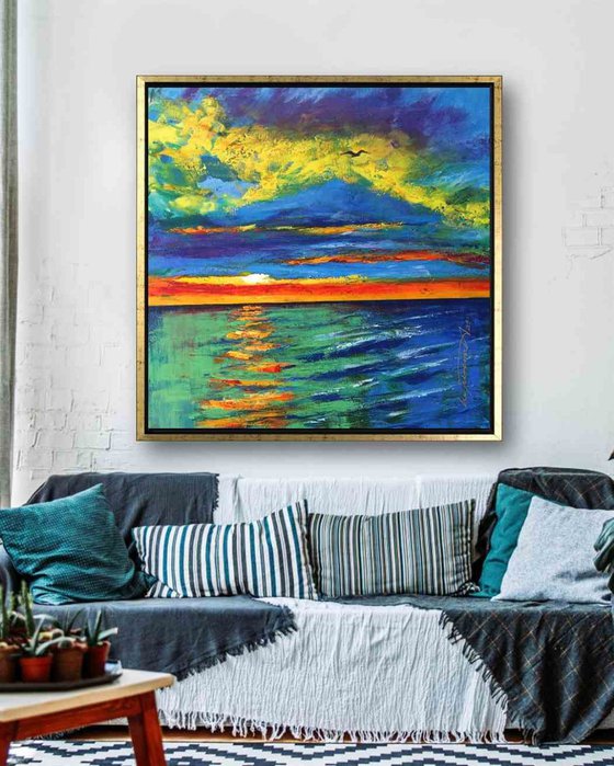 Semi Abstract Sky and Clouds Seascape, Large Landscape in Impressionist Style, Original Acrylic Painting, Cloudscape with Sunset, Expressive Sunset and Sunrise Painting, Sea and Sky