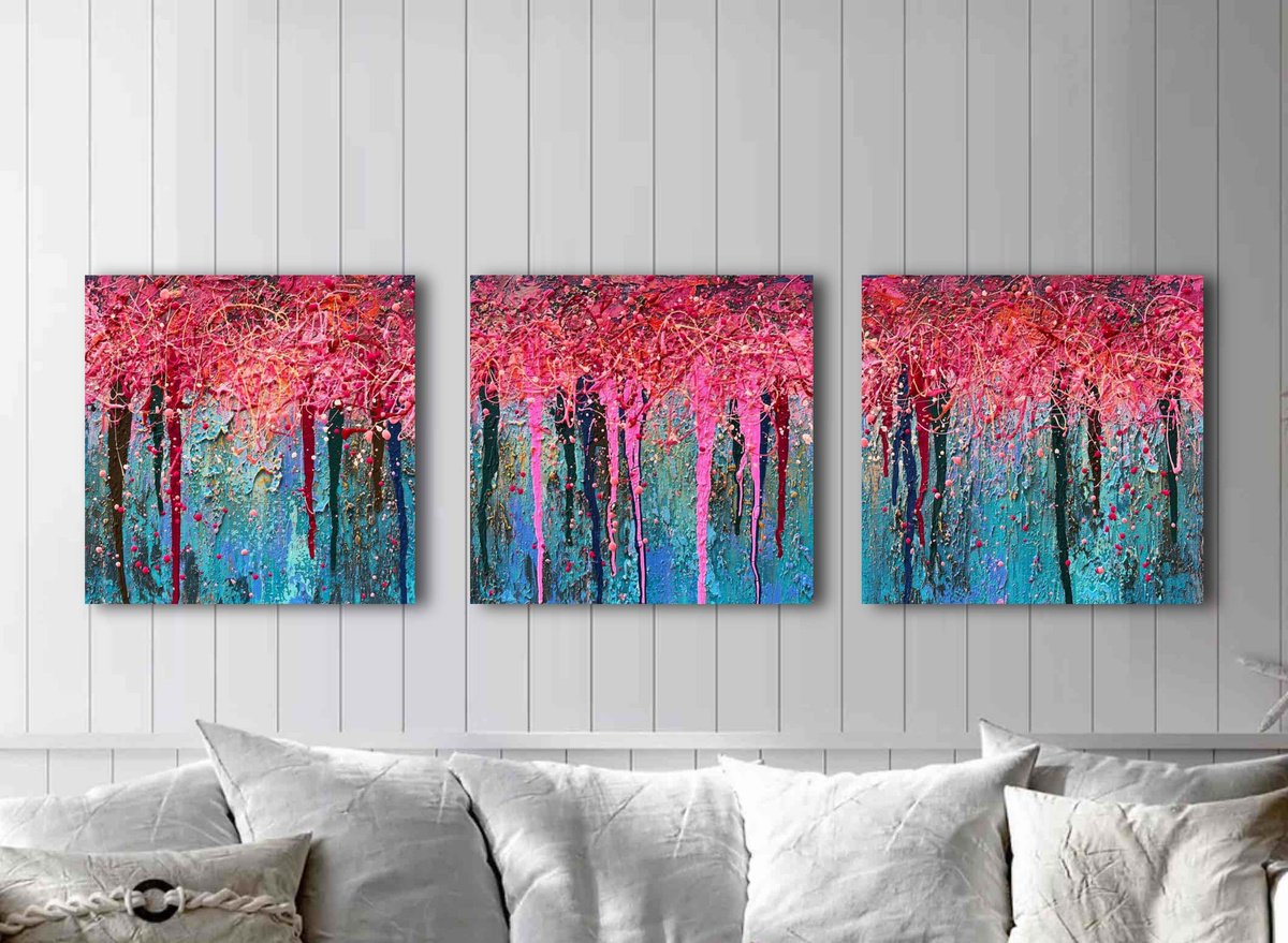 Impressionistic Landscape Acrylic Painting By Nadiia Antoniuk, 47 X 16", Sakura In My Dream, Original Artwork