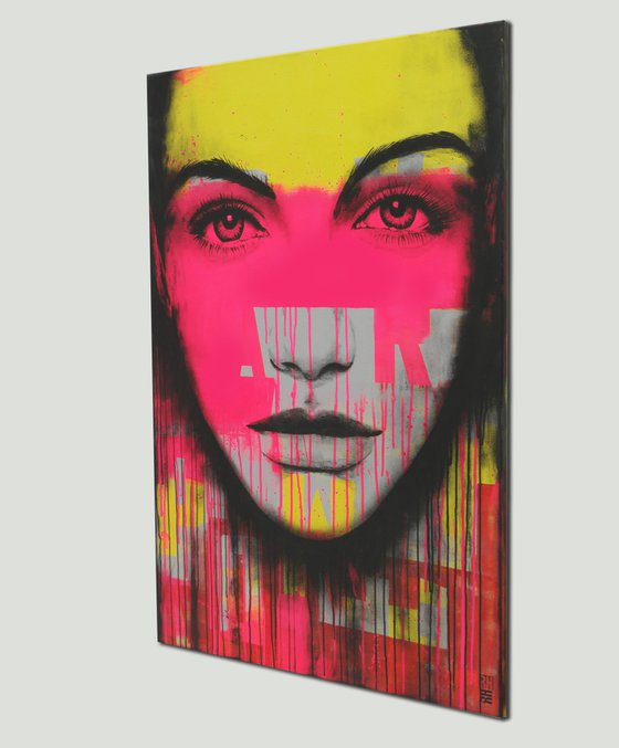 Bright Eyes - Portrait - Pop Art Girl Painting - Neon Pink - Ronald Hunter - 7N