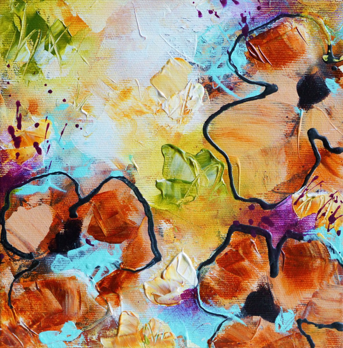 Abstract Botanical Acrylic Painting By Vera Hoi, 8 X 8", "Flowers For A Loved One", Original Artwork