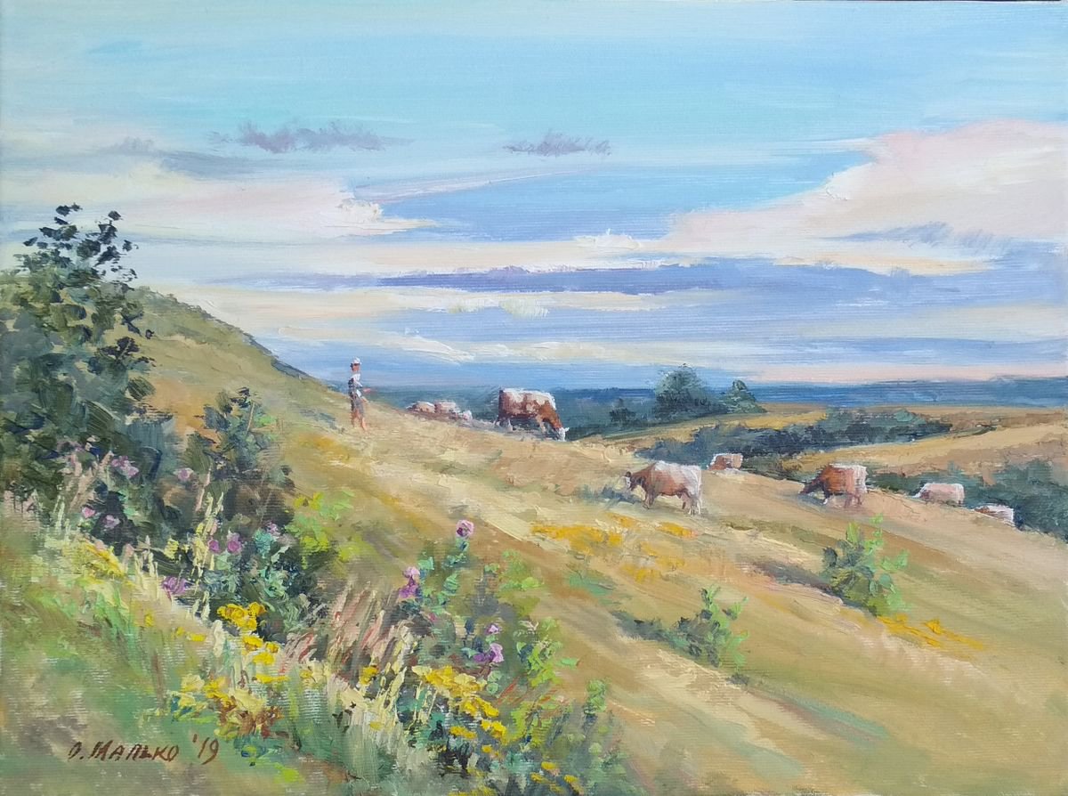 Evening pastoral / Summer landscape with cows. Hills and sky. Grassland by Olha Malko