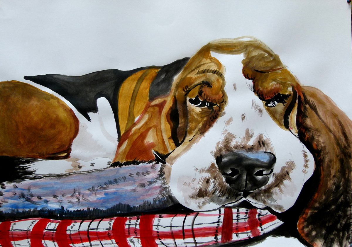 Photorealistic Animal Acrylic Painting By Soso Kumsiashvili, 33 X 24", Basset Hound, Original Artwork
