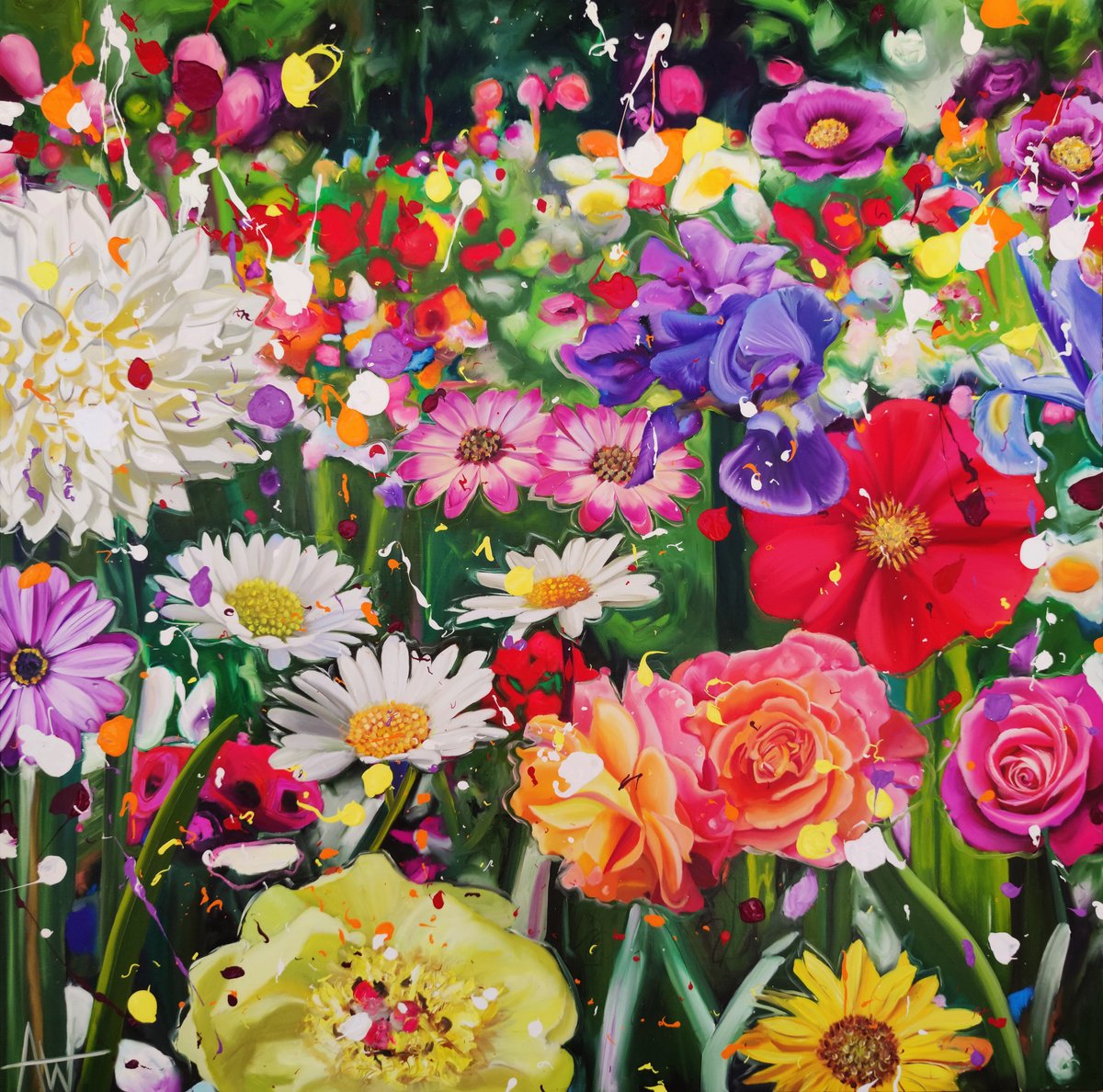 Photorealistic Botanical Oil Painting By Angie Wright, 47 X 47, Rosa Twist, Original Artwork