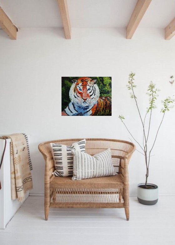 Thoughtful, tiger, animal, gift, original oil painting