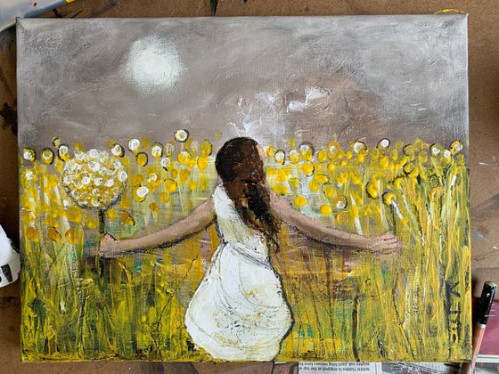 Feel Good Painting / Meadow / Yellow / Child / Flowers / Home Decor / Wall Art / Canvas Painting/ Gift Ideas