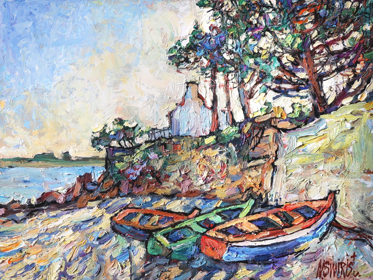 Impressionistic Landscape Oil Painting By Nikifor Swiristuhin, 16 X 12", Boats In Arzon. France., Original Artwork