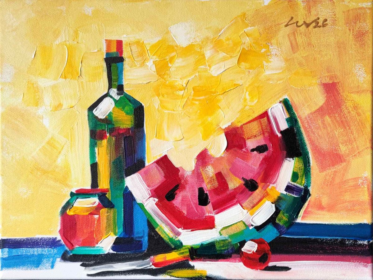 Original Acrylic Painting - Midsummer Wine Still Life with Watermelon ...