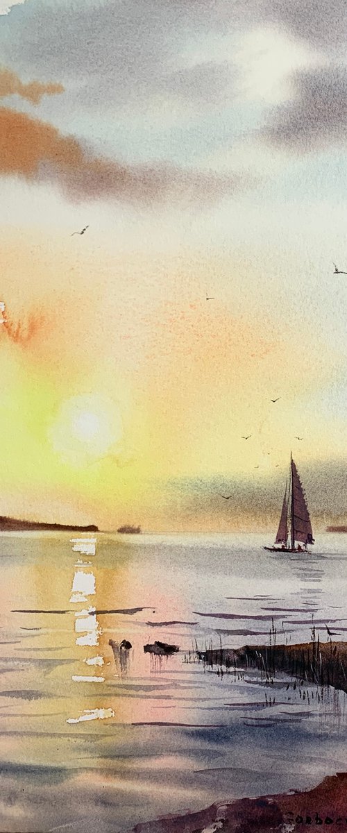 Sailboat at sunset by Eugenia Gorbacheva