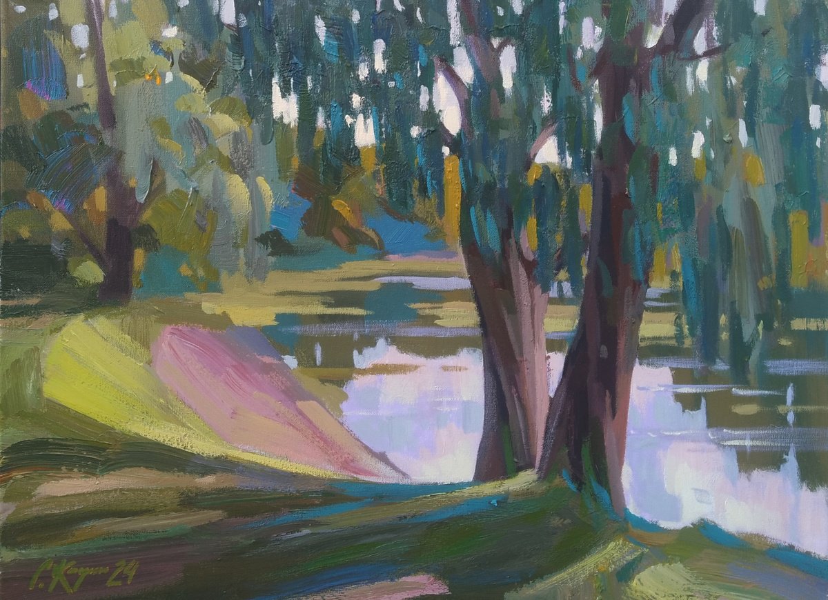 Impressionistic Landscape Acrylic Painting By Sergey Kachin, 24 X 18", By The River, Original Artwork